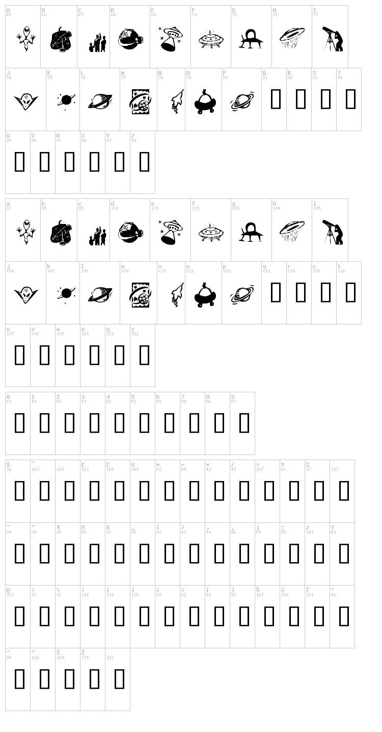 KR Out of this World font map